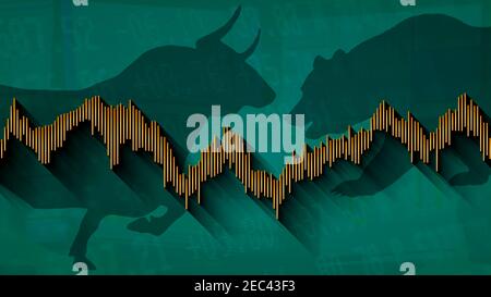 Der Aktienmarkt ist volatil und zeigt keine Richtung. Illustration der Pattsituation zwischen den Bullen und Bären des Marktes mit einem orangefarbenen Balkendiagramm. Stockfoto