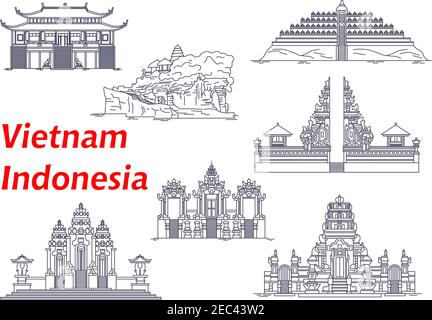 Alte buddhistische und hinduistische Tempel Indonesiens und Vietnams Ikonen mit Borobudur und Pura Pulaki Tempeln, Pura Besakih, Tanah Lot, Rambut Siwi und Pet Stock Vektor