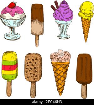 Eis-Tafeln aus Milch und dunkler Schokolade auf Stöcken Skizzen mit italienischen Gelato-Zapfen aus Zitrone und Karamell, Fruchtsaft-Fruchteis, Vanille- und Beerensundae Stock Vektor