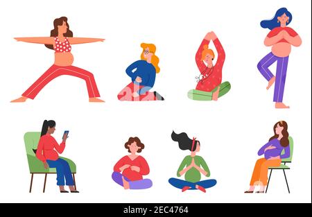 Schwangere Frau Posen Vektor Illustration Set. Cartoon tägliche häusliche Aktivitäten, junge glückliche weibliche Charakter Yoga üben, mit dem Telefon in verschiedenen Schwangerschaftshaltungen isoliert auf weiß zu kommunizieren Stock Vektor