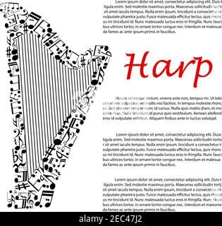 Moderne Konzertharfe Symbol aus Noten und Tonarten Signaturen, Höhen und Bass-Schlüssel für Musik Infografiken Design Verwendung mit editierbarem Text Stock Vektor