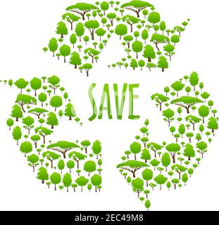 Recycling-Symbol mit Beschriftung Speichern Sie in der Mitte von drei jagen Pfeile, bestehend aus grünen Bäumen. Verwenden Sie als ökologisches Konzept oder sparen Erde Thema Design Stock Vektor