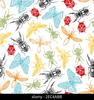 Tribal ornamental Insekten nahtlose Hintergrund mit bunten Muster von Schmetterlingen und Bienen, Marienkäfer und Wespen, Hirschkäfer und Glühwürmchen, geschmückt b Stock Vektor