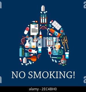 Rauchverbot-Symbol mit flachen Symbolen von Arzt- und Medikamentenflaschen, Pillen, Kapseln und Spritzen, Laborflaschen und Reagenzgläsern, dna- und Zellmodellen, Stock Vektor