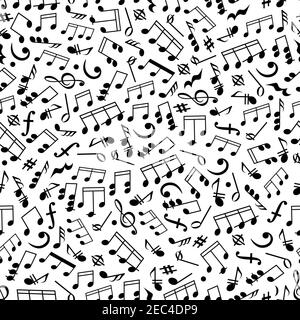 Musik und Klanghintergrund mit schwarz-weißen nahtlosen Muster aus gestrahlten und halben Noten, Quavern, Akkorden und Pausen, Höhen- und Bassklößen, Tonsigna Stock Vektor