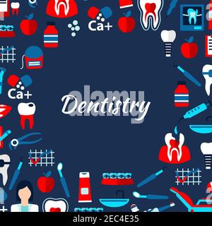 Zahnmedizin Banner Design-Vorlage mit Zahnarzt, gesunde und verfallene Zähne, Zahnspangen und Implantate, Zahnarztstühle und Werkzeuge, Medikamente und Vitamine, Zahn Stock Vektor