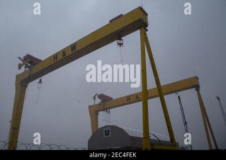 Belfast, Großbritannien. Februar 2021, 13th. UK Wetter: Schneefall Titanic Quarter Belfast, UK. Der erste große Schneefall in diesem Monat landete in Teilen von Nordirland heute Morgen. Das Titanic Quarter wird voraussichtlich 1-2 cm erreichen. Der Schnee wird voraussichtlich nur für ein paar Stunden dauern, da eine warme Front aus dem Süden Irlands Einzug hält.Quelle: Bonzo/Alamy Live News Stockfoto