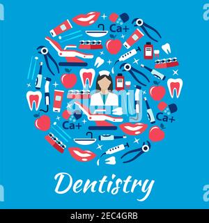 Zahnmedizin Symbol mit Zahnarzt umgeben von flachen Ikonen der Zähne und Zahnbürsten mit Zahnpasten, Zahnarztstühle und Instrumente mit Geräten, syr Stock Vektor