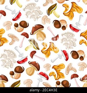 Delicatessen Waldpilze nahtlose Muster Hintergrund für gesunde vegetarische Lebensmittel-Design mit Pfifferlinge und Champignons, orange und braune Kappe b Stock Vektor