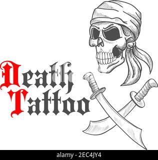 Piratenschädel trägt Bandana oder Bandanna Skizze mit gekreuzten Schwertern oder Säbel darunter. Konzept des Todes oder Horror Tattoo, das für embl verwendet werden kann Stock Vektor