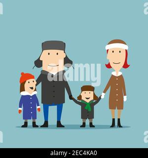 Glücklich lächelnd Cartoon Familie im Winter tragen verbringen Zeit zusammen auf einem Spaziergang. Eltern und Kinder genießen die Zeit der Familie in den Winterferien oder am Wochenende Stock Vektor