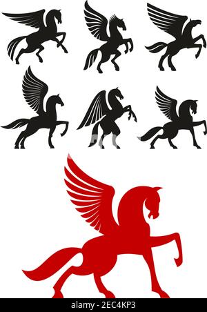 Pegasus Horses Silhouetten von tänzelnden und aufzuchtenden geflügelten Pferden mit erhobenen und gefalteten Flügeln. Heraldik oder T-Shirt-Druck Stock Vektor