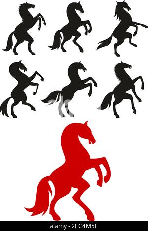 Rote und schwarze Silhouetten von Aufzucht und tänzelnden Pferden. Kann als Reiterclub Abzeichen oder Wappenkamm Design verwendet werden Stock Vektor