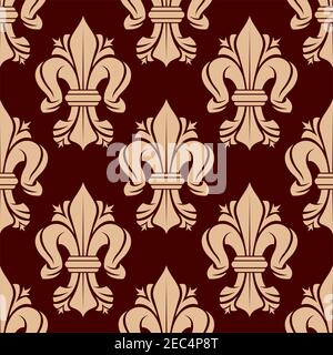 Beige oder goldene heraldische Lilien Fleur-de-Lis Tracery Ornamentelemente Nahtloses Muster auf Rot isoliert. Für textile oder königliche heraldische Themen, desig Stock Vektor