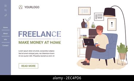 Freelance, Leute verdienen Geld zu Hause Vektor Illustration. Cartoon Website Vorlage mit Freiberufler junge Mann Charakter mit Laptop, sitzen in der häuslichen Einrichtung, selbstständige Telearbeit Technologie Stock Vektor