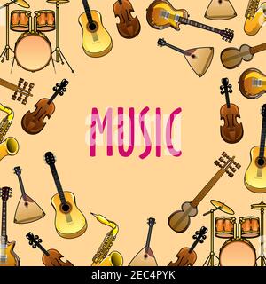 Musikinstrumente Cartoon Hintergrund für klassische oder ethnische Musik Konzert-und Entertainment-Event-Design mit Drum-Sets, akustische und elektrische Gitarre Stock Vektor
