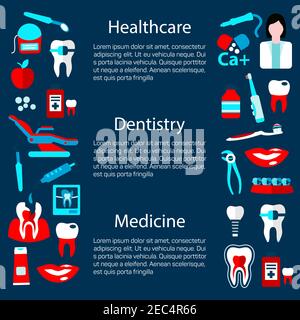 Medizin und Gesundheitswesen Poster Design-Vorlage für die Zahnmedizin Konzept mit Text-Layout flankiert von flachen Symbolen des Zahnarztes mit Werkzeugen und Geräten, er Stock Vektor