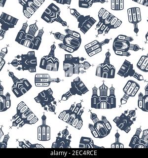 Nahtlose Muster von grauen Silhouetten der östlichen orthodoxen Kirchen, Kathedralen und Nüchternheit mit ornamentalen Kuppeln zufällig über weißen Backgroun verstreut Stock Vektor