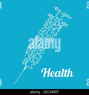 Spritzenform mit Nadel mit Gesundheitssymbolen. Zahn und Pille, Herz und Puls, Stethoskop und Arzt, Sanitäter und Krankenwagen, Thermometer und Kolben Stock Vektor