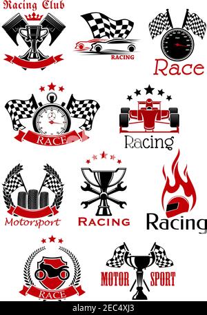 Motorsport-Symbole und Symbole mit Rennwagen, Motorrad, Trophäenschalen, Flaggen und Kolben, Tachometer, Reifen, Stoppuhr, flammender Helm, Schraubenschlüssel, Anzeige Stock Vektor