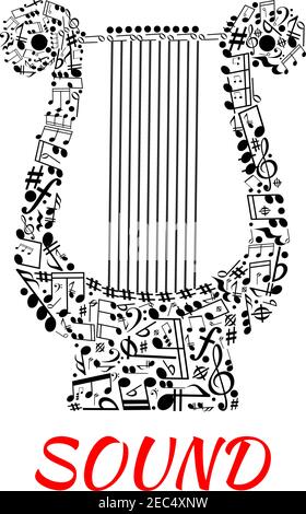 Noten und Zittern oder Bassklösse in helmholtz oder wissenschaftlicher Notation vereint in Form von Leier in zufällig verstreuten Muster mit roten Buchstaben neben. Stock Vektor