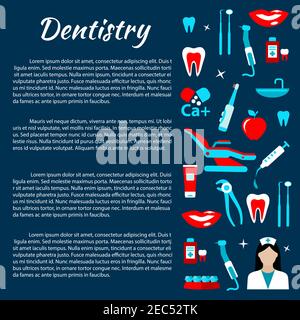 Zahnarztpraxis und zahnärztliche Behandlungen Infografiken Design-Vorlage mit Reihe von Zahnarztwerkzeugen und Stuhl, Arzt, gesunde Zähne und Lächeln, Zahnpasten ein Stock Vektor