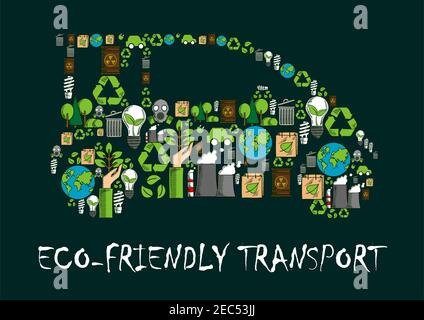 Auto Symbol aus Globus, Recycling-Zeichen, Elektroauto und Glühbirne mit grünen Blättern, radioaktiven Abfall, Bäume und Pflanzen, Industrieanlage und g gebildet Stock Vektor