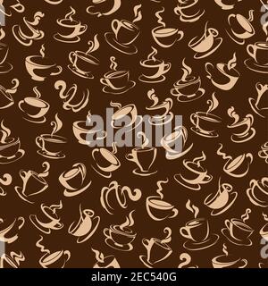 Kaffeegetränke Muster in Brauntönen mit nahtlosem Hintergrund von skizzierten Kaffeetasse und Tasse. Verwendung als Café oder Café Innenarchitektur Stock Vektor