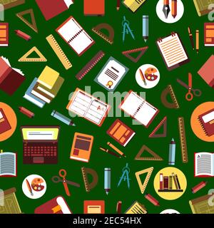 Nahtlose Schule liefert Hintergrund für Bildung und zurück zur Schule Konzept-Design mit flachen Muster von Büchern, Laptops und Copybooks, Bleistifte, Stifte ein Stock Vektor