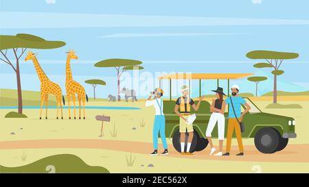 Afrikanische Safari Natur Tour Vektor Illustration. Cartoon Mann Frau Touristenfiguren Gruppe mit Fernglas und Auto, Landschaftstourismus in Afrika, Savanne Exploration Expedition Abenteuer Hintergrund Stock Vektor