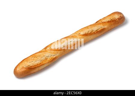 Einzelne frisch gebackene traditionelle Französisch Baguette isoliert auf weißem Hintergrund Stockfoto