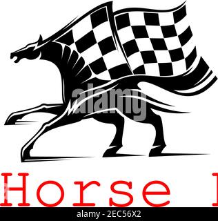 Galoppierendes Rennpferd schwarz-weiße Silhouette für den Reitsport Design ergänzt durch Racing karierte Flagge oben und Bildunterschrift Hors Stock Vektor