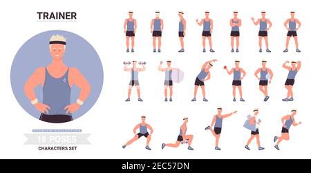 Sport Trainer Mann Posen Vektor Illustration Set. Cartoon männlichen Charakter zeigt Muskeln, posiert mit Ball, Übungen mit Hanteln, Training stehend in verschiedenen Haltungen isoliert auf weiß Stock Vektor