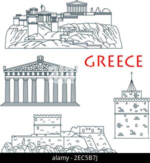 Antike griechische Reise Wahrzeichen dünne Linie Symbol mit Zitadelle Akropolis von Athen, Tempel der Göttin Athena Parthenon, Palast des Großmeisters der Stock Vektor