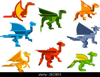 Fliegende Drachen Cartoon flache Reptilien mit membranösen Flügeln und stacheligen Kamm auf Kopf und Hals. Natur, Geschichte, T-Shirt oder Kinderbuch Design Stock Vektor