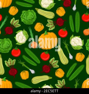 Bio-Gemüse nahtlose Hintergrund. Vector vegetarische Tapete mit Muster von Tomaten, Pfeffer, Rüben, Kürbis, Zucchini, Paprika, Blumenkohl, Pumpe Stock Vektor