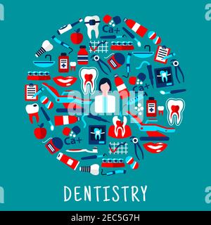 Zahnmedizin und Zahnpflege rund Symbol mit flachen Ikonen des Zahnarztes mit Instrumenten und Geräten, Zähne, Zahnbürsten, Zahnpasten, Pillen, Spritzen, Stock Vektor