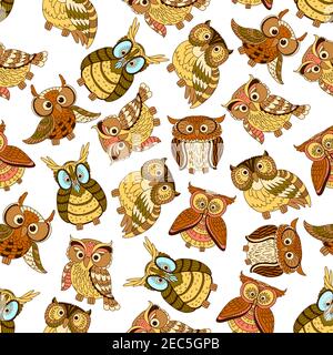 Eule nahtlose Muster Hintergrund. Niedliche Vogel Vektor-Tapete. Vintage künstlerische Cartoon Eulen Stock Vektor