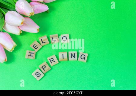 Hallo Frühling.Holzblöcke mit einer Inschrift und Tulpen auf grünem Hintergrund.das Konzept des Beginns des lang ersehnten Frühlings. Stockfoto