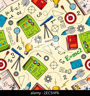 Physik, Mathematik und Chemie Hintergrund. Bildung nahtlose Muster mit Büchern, Zeichnungen und Idee Glühbirnen, Teleskope, Raketen und Ziele, Stock Vektor