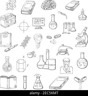 Wissenschaftler mit Skizzensymbolen des Mikroskops, Laborröhrchen und -Kolben, Bücher, Computer und Zwischenablage mit Stift, menschlichem Gehirn, DNA und Molekülen, Stock Vektor