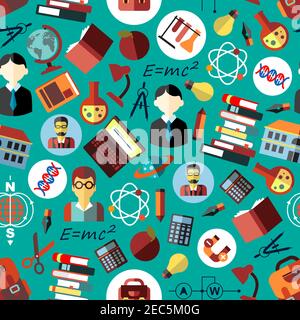 Wissenschaft und Bildung nahtloses Muster auf blauem Hintergrund mit flachen Symbolen von Lehrern, Schülern, Schulgebäuden, Stiften, Bleistiften, Laptops, Büchern, ca. Stock Vektor