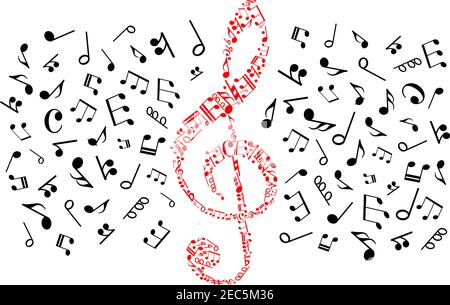 Symbole für Musiknotizen. Hintergrund mit rotem Violinschlüssel Form von schwarzen Vektor musikalischen Stabelementen Stock Vektor