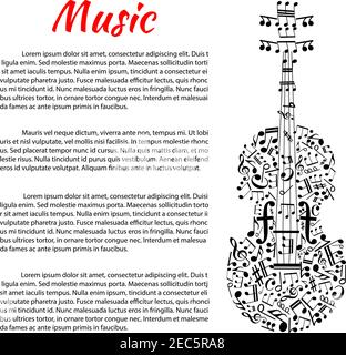 Klassisches Musikplakat mit Violinsilhouette aus Noten, Höhen- und Bassklöschen mit Saiten in Stabform, Stimmwirbel als Ruheposten und Stock Vektor