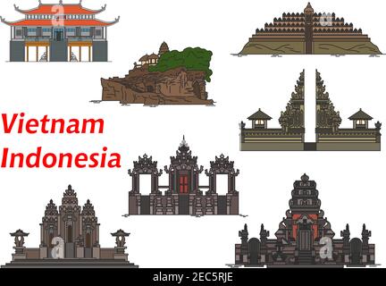 Alte vietnamesische buddhistische Vinh Nghiem Pagode Symbol mit indonesischen buddhistischen Borobudur und Pulaki Tempel, Komplex von Tempeln Pura Besakih, Tanah Lo Stock Vektor