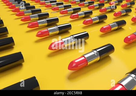 Draufsicht auf rote Lippenstifte auf gelbem Hintergrund. 3D Abbildung. Draufsicht auf rote Lippenstifte auf gelbem Hintergrund. 3D Abbildung.