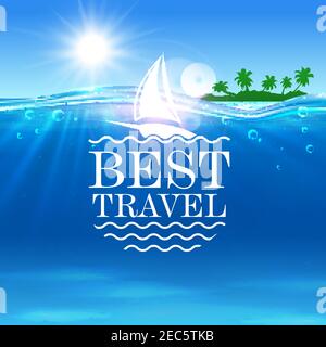 Vektorposter für Sommerreisen. Meer, tropische Palmeninsel, Schiff. Strand am Meer mit strahlender Sonne, weiße Yacht, Wasserwellen. Plakat für Reisewerbung Stock Vektor