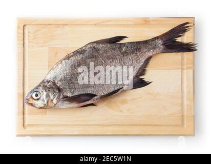 Gemeinsame Flussbrasse auf Schneidebrett isoliert auf weißem Hintergrund. Süßwasserfische Stockfoto