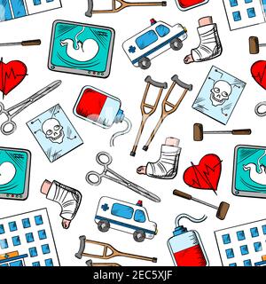 Medizinischer nahtloser Hintergrund. Tapete mit Vektor-Muster Symbole von Krankenwagen, Gips Fuß, Herz, Ultraschall, Schere, Krankenhaus, Blut Infusio Stock Vektor