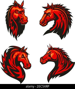 Feuerpferde Symbole von aggressiven und mächtigen Hengsten mit feurig roten Stammesmustern flammender Mägen. Pferderennen Maskottchen oder Tattoo-Design Stock Vektor